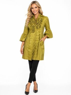 Ryu Women’s Medium Olive Green Rosette Ruffle Tunic Jacket Bell Sleeve M